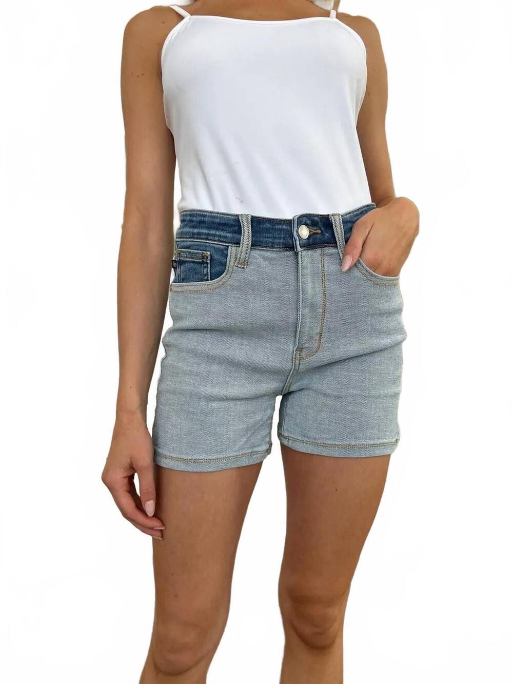 NEW JUDY BLUE color block denim shorts in light medium wash